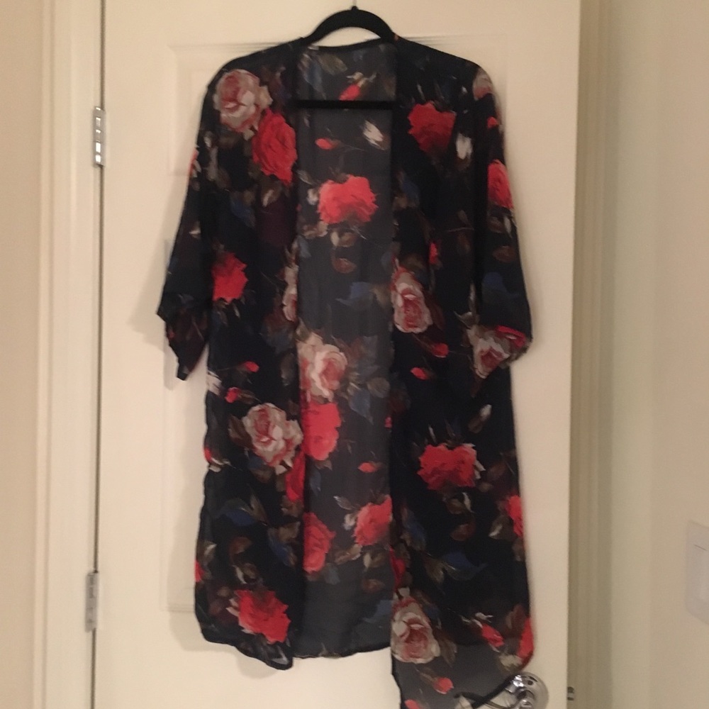 Navy blue with rose detail kimono style cardigan.